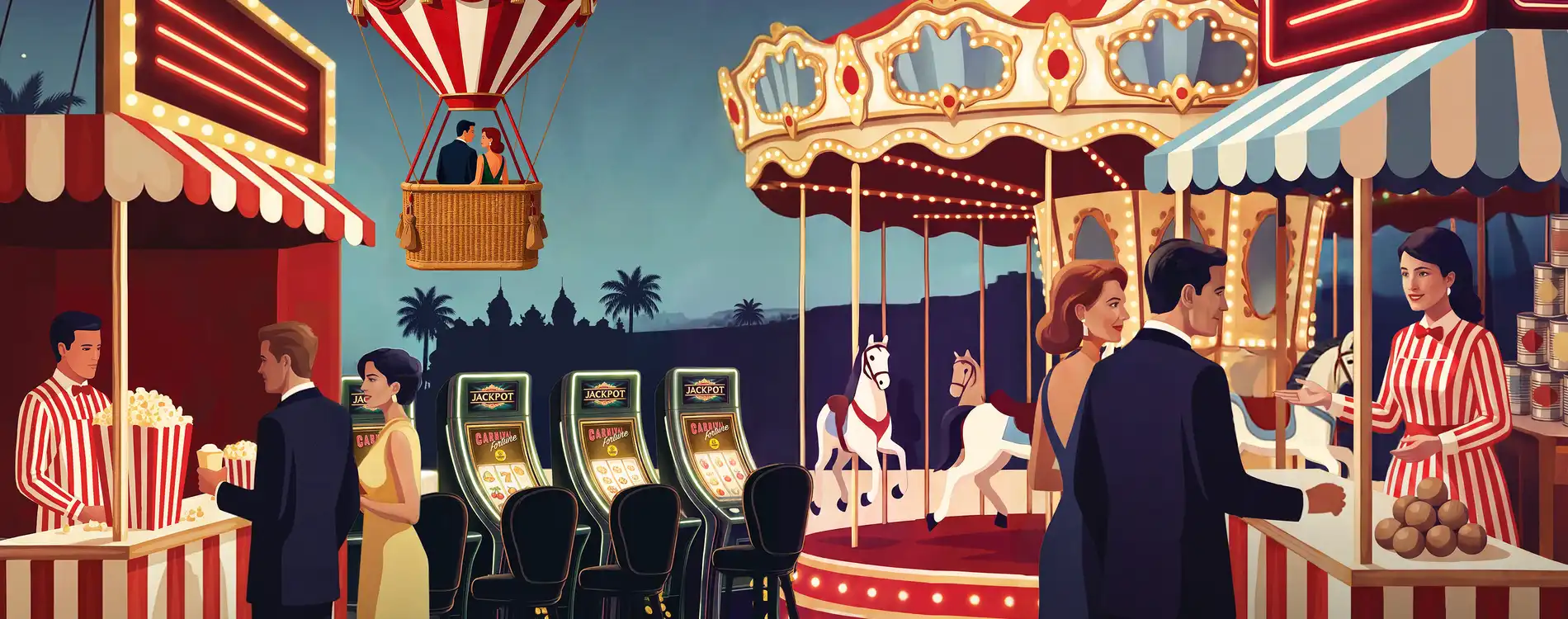 An illuminated fairground with a carousel, a hot-air balloon, popcorn stalls and visitors enjoying a cheerful atmosphere.